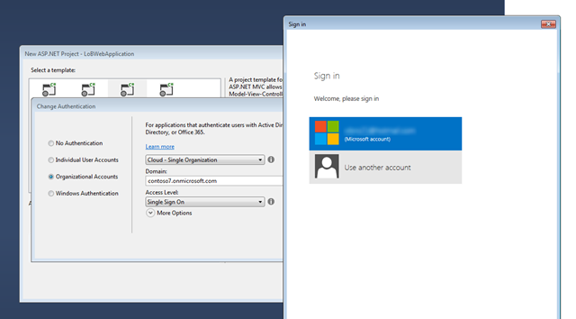 Setting Up an ASP.NET Project with Organizational Authentication Requires an Organizational Account